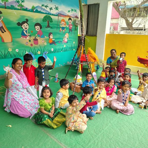 Pongal celebration at Waddle Kids Preschool Sholinganallur — children in traditional attire